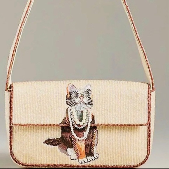 Anthropologie Handbags - Anthropologie Tan Cat Embroidered Shoulder Bag